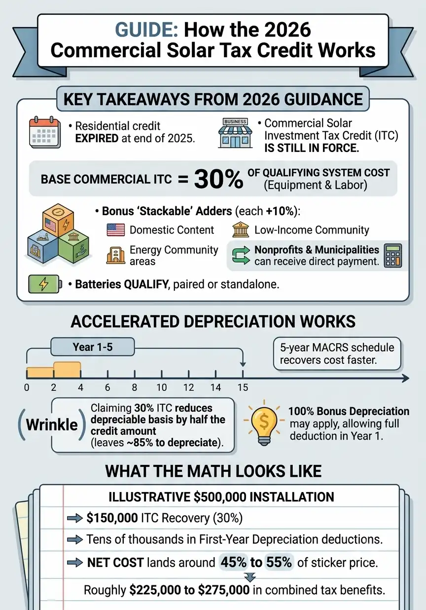 Infographic: how the 2026 commercial solar tax credit works — 30% ITC, stackable bonus adders, accelerated depreciation, and the math on a $500,000 system