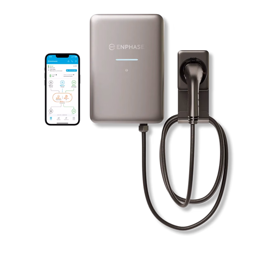 Enphase IQ EV Charger 2 with charging cable and the Enphase mobile app